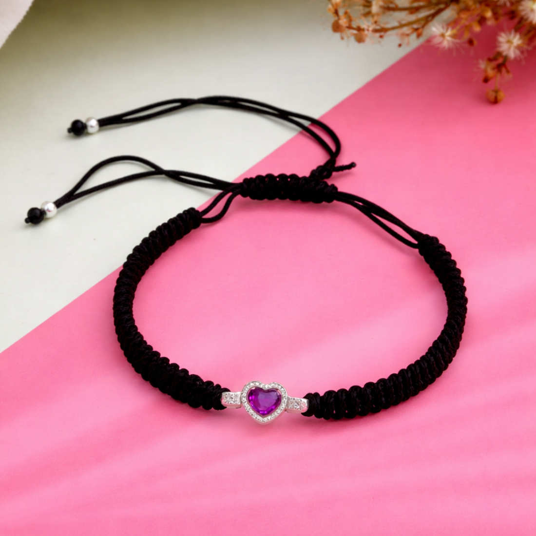 Handcrafted Black Macrame Purple Heart Bracelet