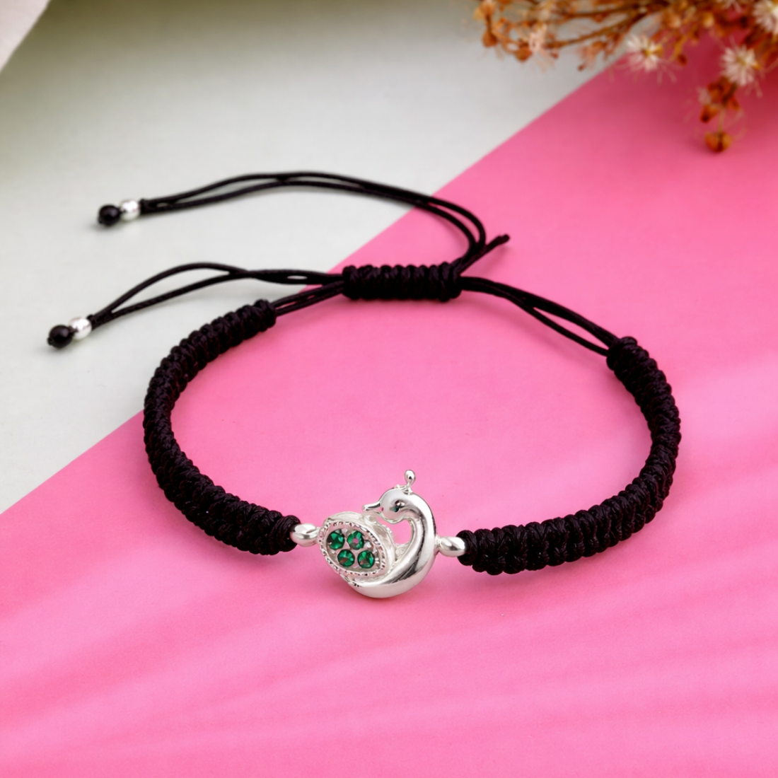 Peacock Silver Adjustable Black Thread Bracelet