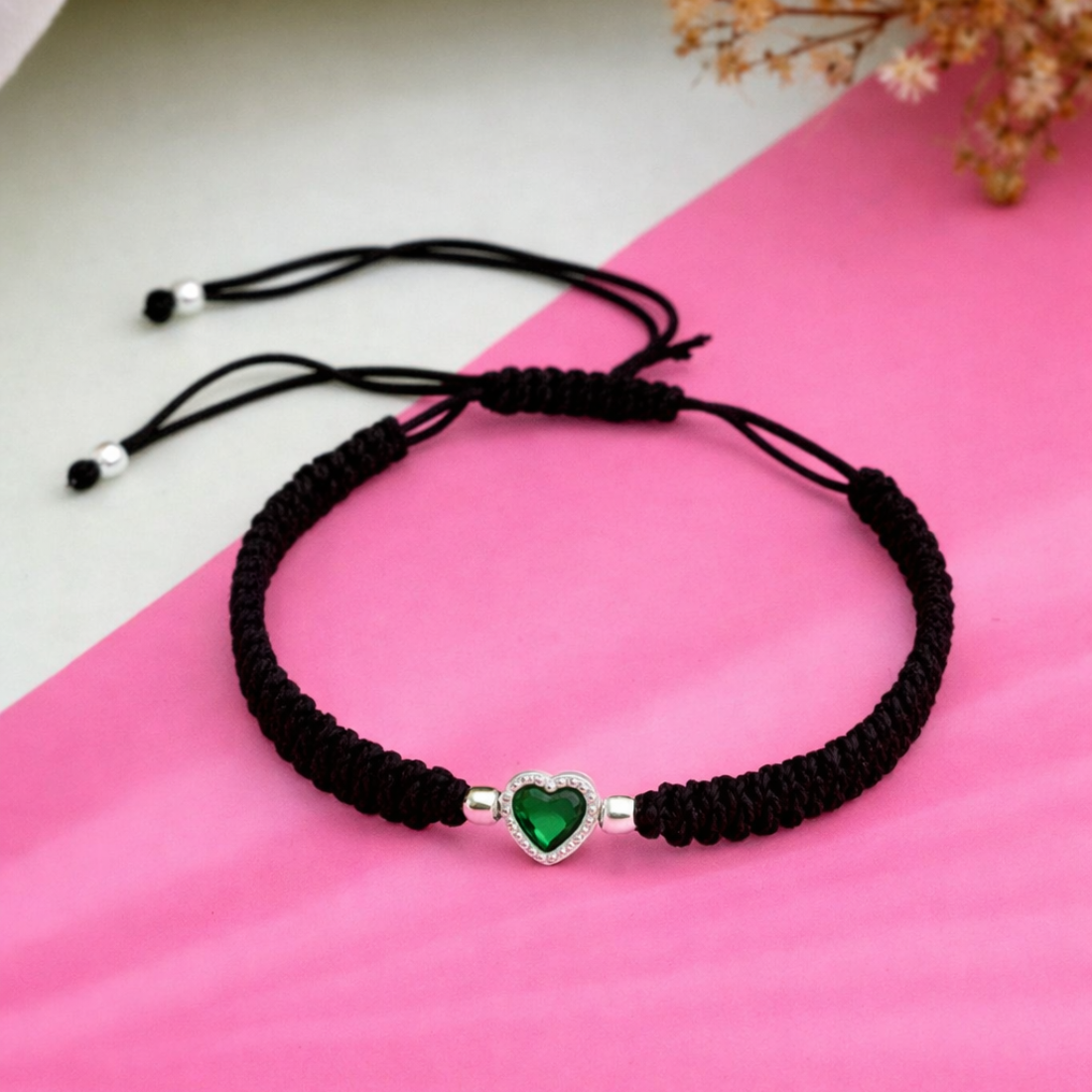 Handcrafted Black Cord Green Heart Bracelet