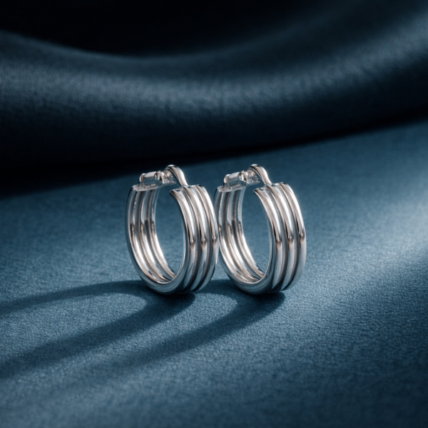 Sterling Silver Huggie Hoop Earrings - Triple Band Design - Balaji Jewellers