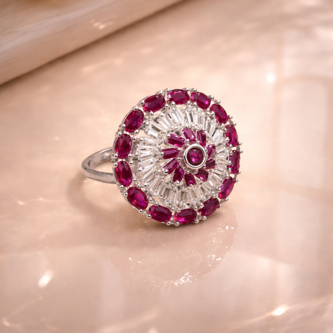 Elegant Ruby and Diamond Starburst Cocktail Ring