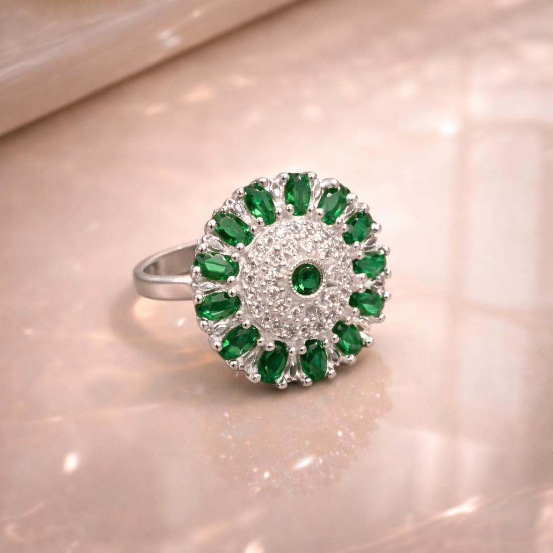 Elegant Sterling Silver Emerald Halo Statement Ring