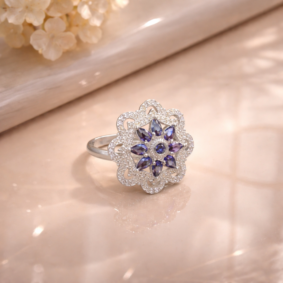 Vintage Floral Iolite and Diamond Halo Ring