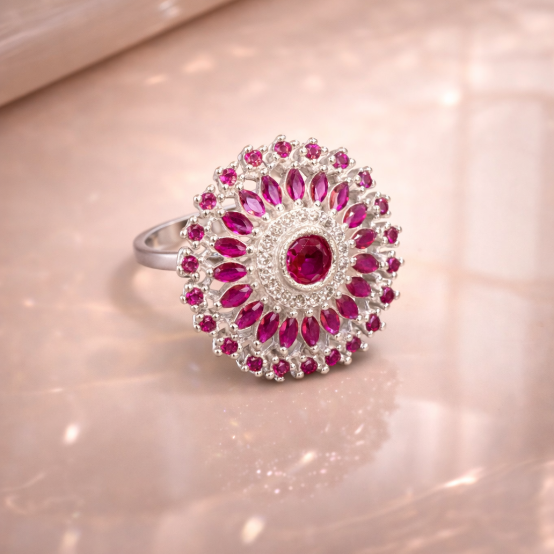 Vintage Sterling Silver Floral Ruby Ring - Balaji Jewellers