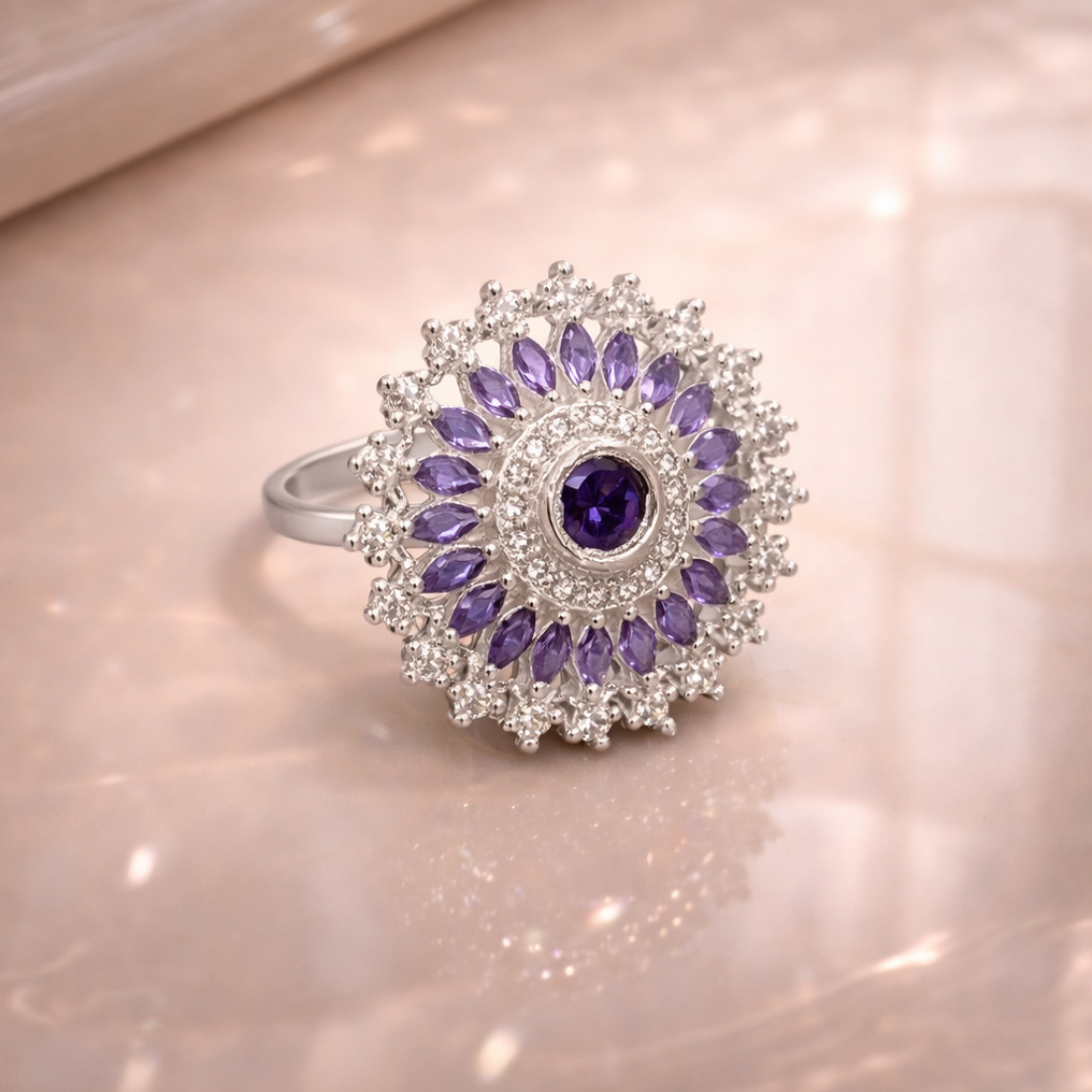 Amethyst Halo Silver Ring - Floral Design by Balaji Jewellers - Balaji Jewellers