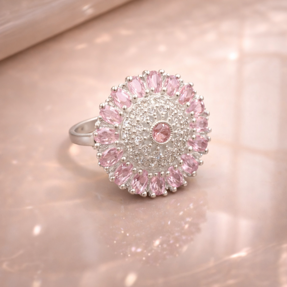 Elegant Pink Petal Halo Silver Statement Ring