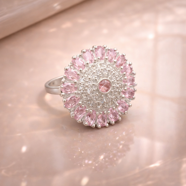 Elegant Pink Petal Halo Silver Statement Ring