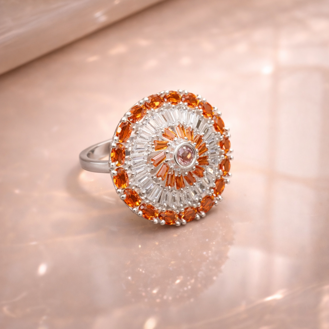 Radiant Orange Sunburst Silver Cocktail Ring