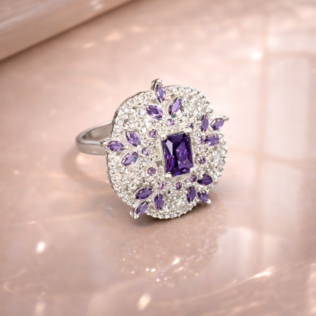 Regal Amethyst Radiance Intricate Silver Statement Halo Ring