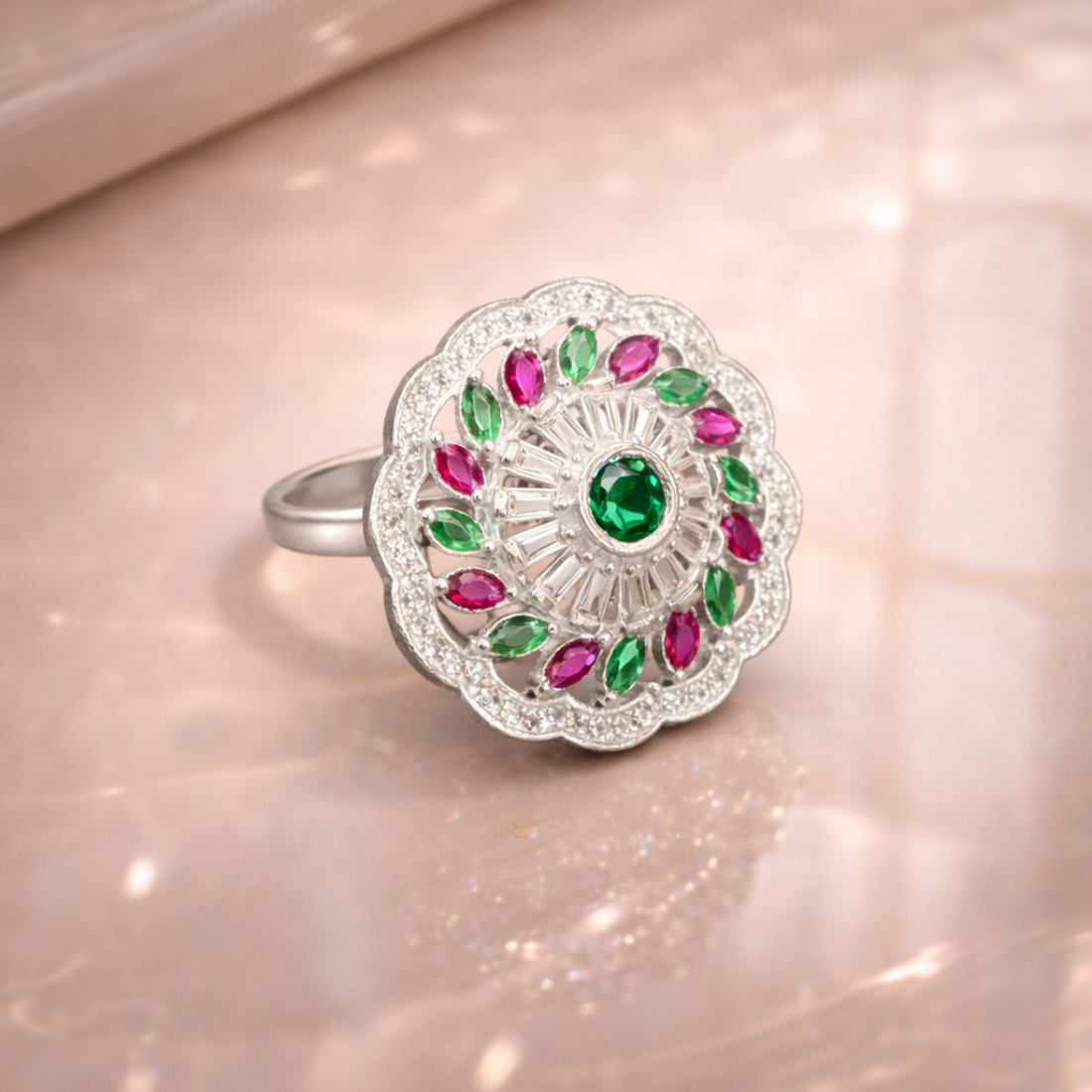 Floral Halo Multi-Gemstone Statement Ring in Silver Finish