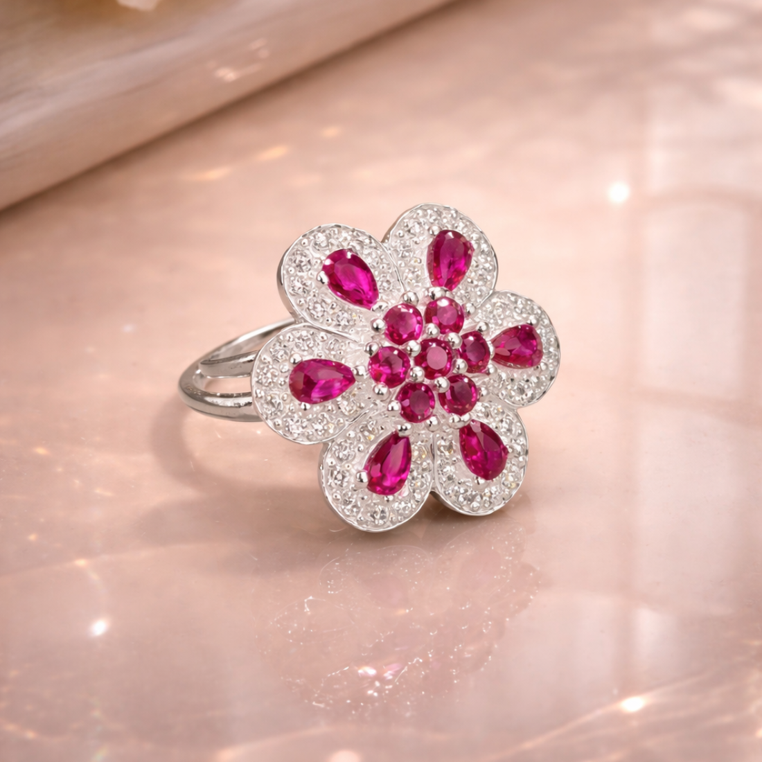 Floral Elegance Ruby Silver Statement Ring
