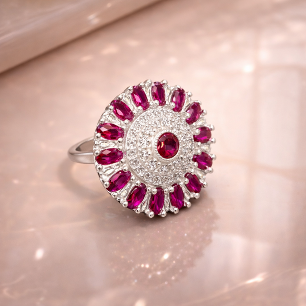 Elegant Silver Sunburst Statement Ring with Ruby-Pink