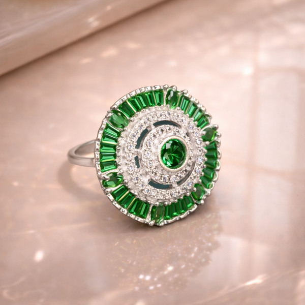 Elegant Emerald Green Halo Statement Ring