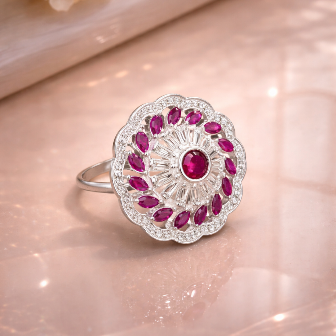 Elegant Floral Halo Ruby and Diamond Silver Statement Ring