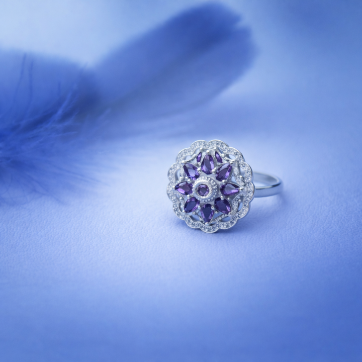 Vintage Floral Iolite and Diamond Halo Ring