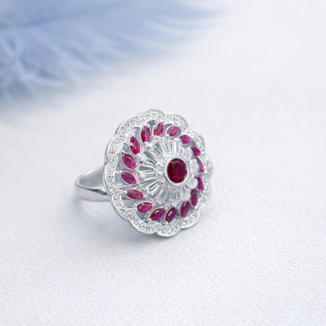 Elegant Floral Halo Ruby and Diamond Silver Statement Ring