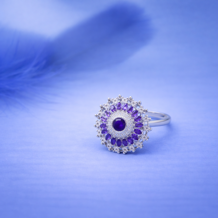Elegant Amethyst Floral Halo Sterling Silver Ring