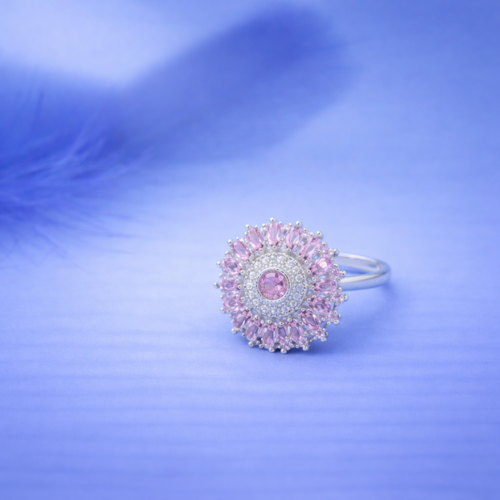 Elegant Pink Petal Halo Silver Statement Ring