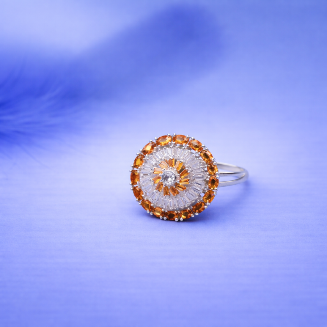 Radiant Orange Sunburst Silver Cocktail Ring