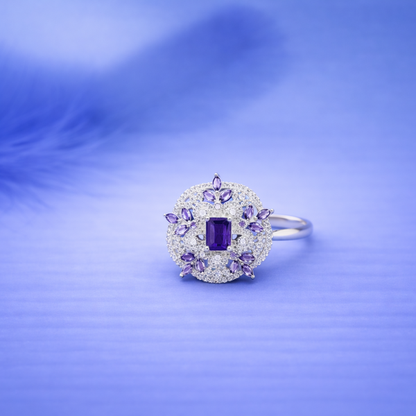 Regal Amethyst Radiance Intricate Silver Statement Halo Ring