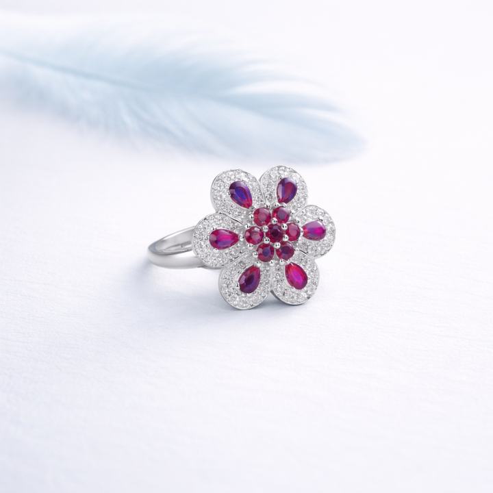Floral Elegance Ruby Silver Statement Ring