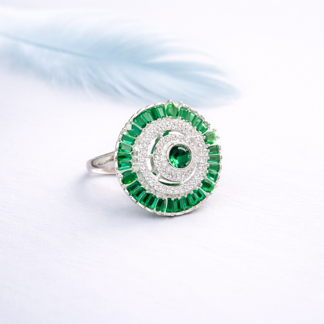 Elegant Emerald Green Halo Statement Ring