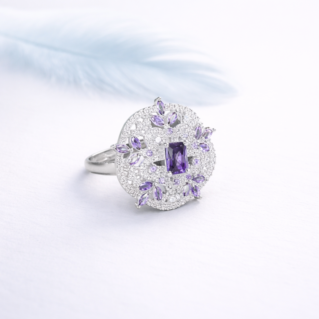 Regal Amethyst Radiance Intricate Silver Statement Halo Ring