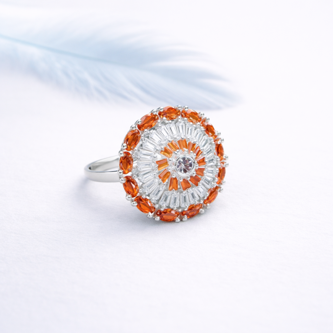 Radiant Orange Sunburst Silver Cocktail Ring