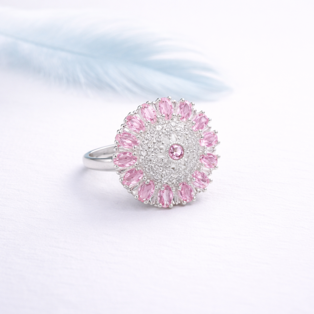 Elegant Pink Petal Halo Silver Statement Ring