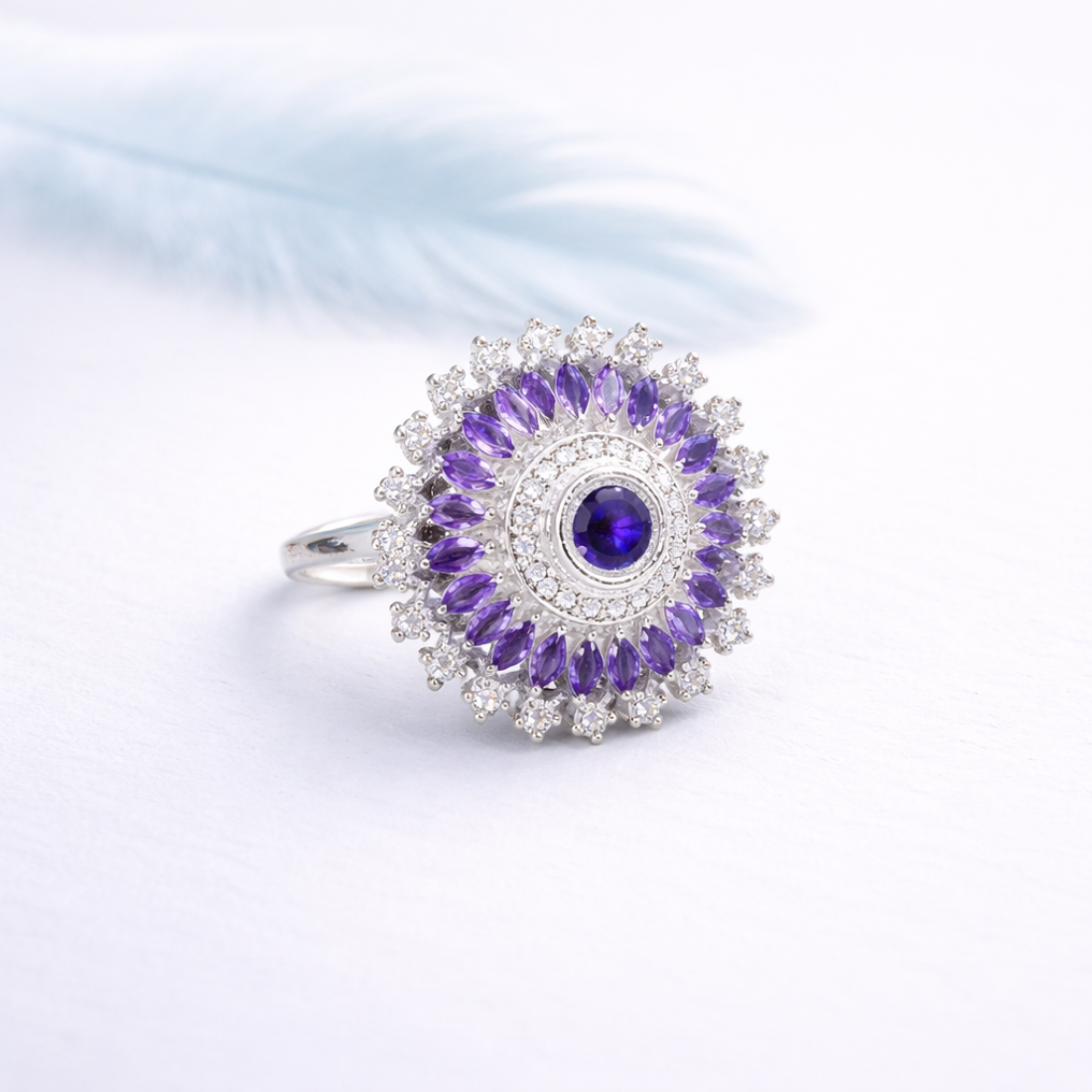 Amethyst Halo Silver Ring - Floral Design by Balaji Jewellers - Balaji Jewellers