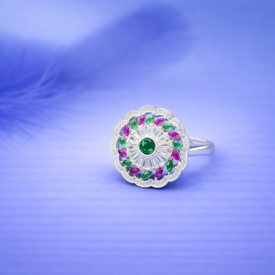 Floral Halo Multi-Gemstone Statement Ring in Silver Finish