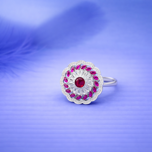 Elegant Floral Halo Ruby and Diamond Silver Statement Ring