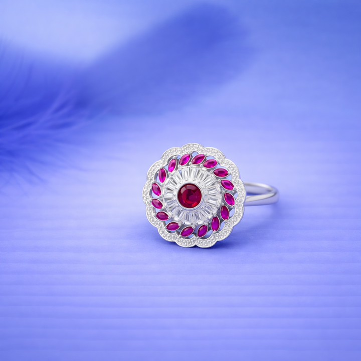 Elegant Floral Halo Ruby and Diamond Silver Statement Ring
