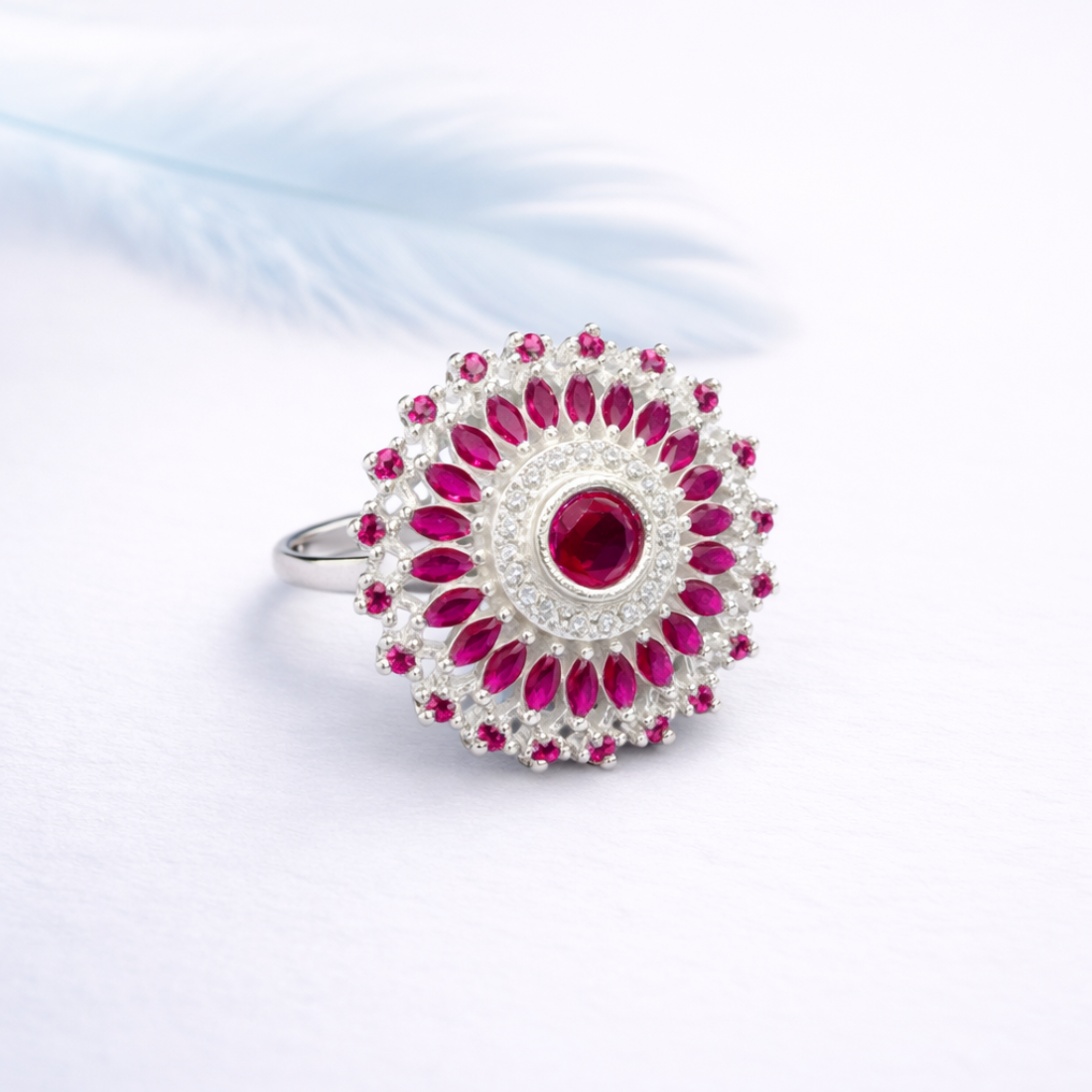 Vintage Sterling Silver Floral Ruby Ring - Balaji Jewellers