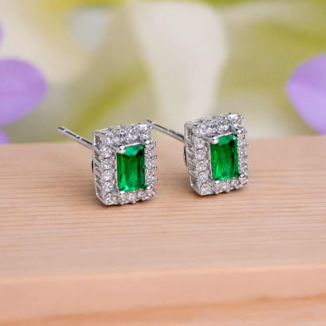 Emerald-Cut Emerald Halo Studs for Sophisticated Style - Balaji Jewellers