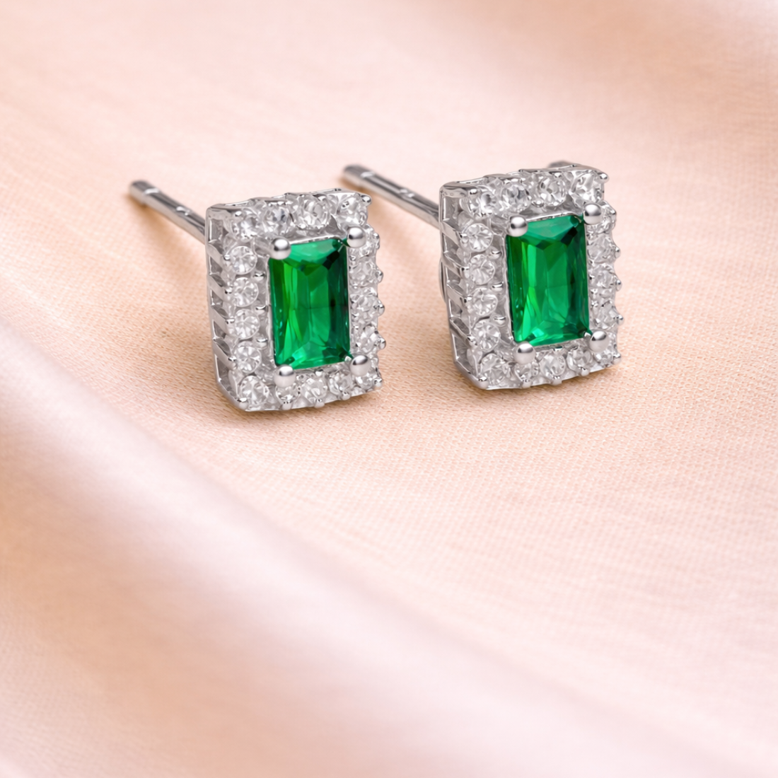 Emerald-Cut Emerald Halo Studs for Sophisticated Style - Balaji Jewellers