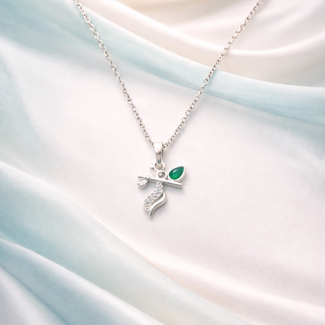 Silver Krishna Flute Peacock Feather Pendant