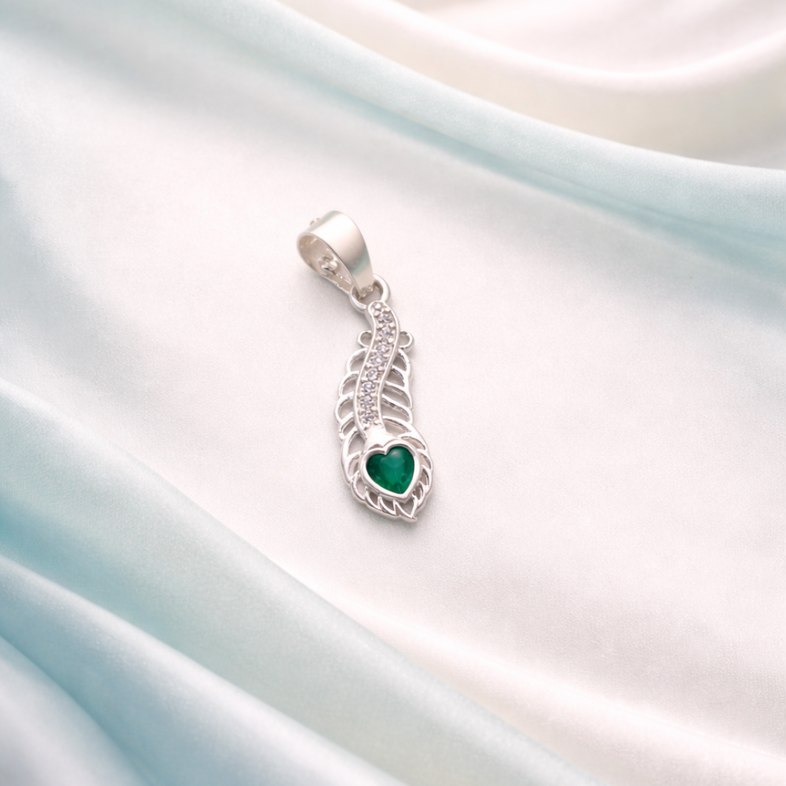 Silver Heart Peacock Feather Pendant