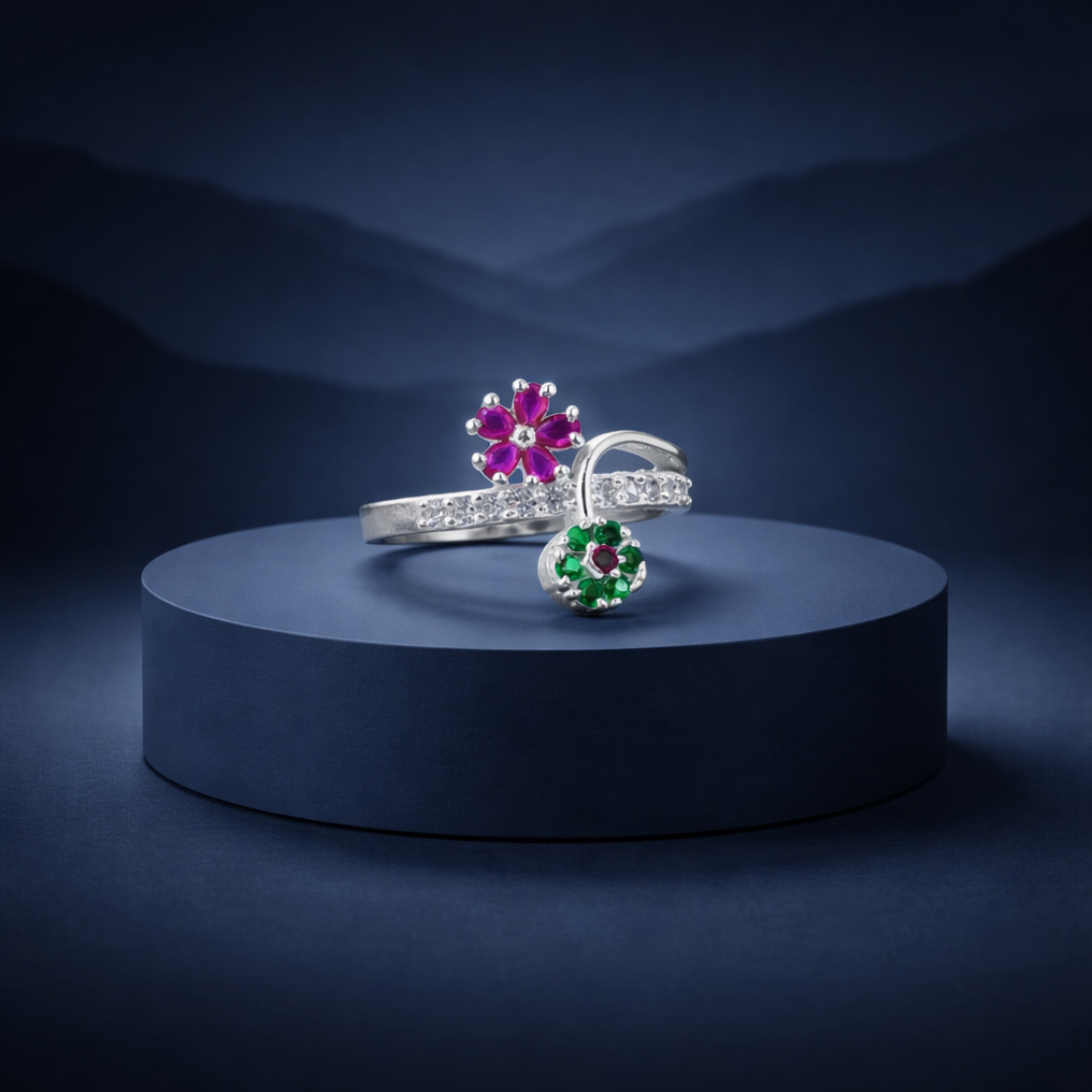 Floral Bypass Silver Ring with Ruby and Emerald Accents