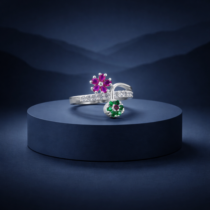 Floral Bypass Silver Ring with Ruby and Emerald Accents