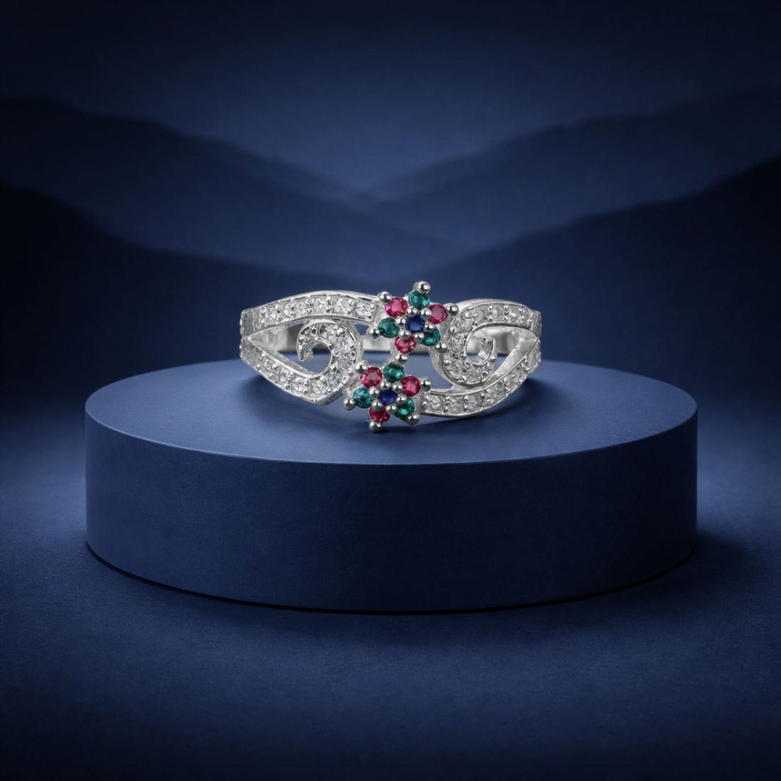 Floral Filigree Multi-Gemstone Silver Ring