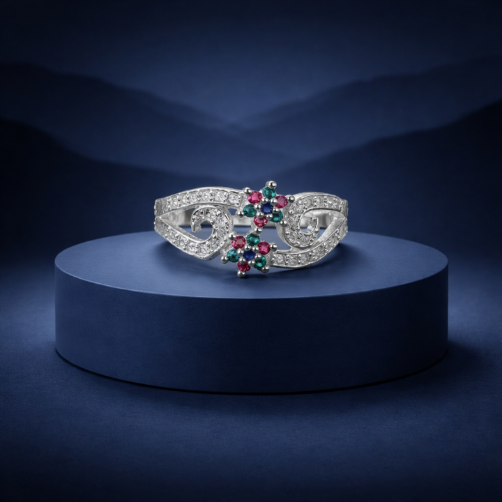Floral Filigree Multi-Gemstone Silver Ring
