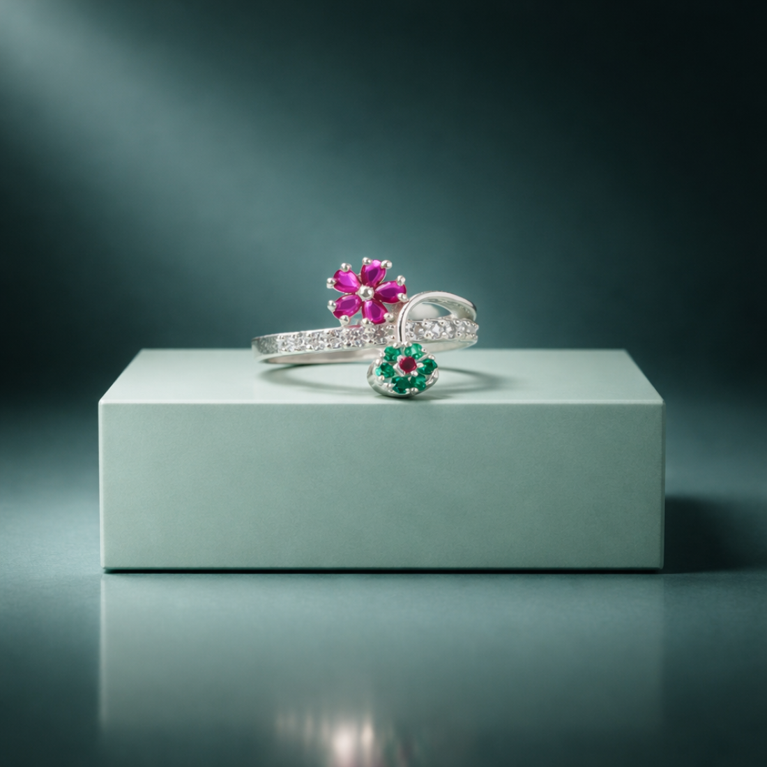 Floral Bypass Silver Ring with Ruby and Emerald Accents