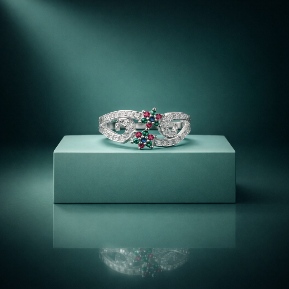 Floral Filigree Multi-Gemstone Silver Ring