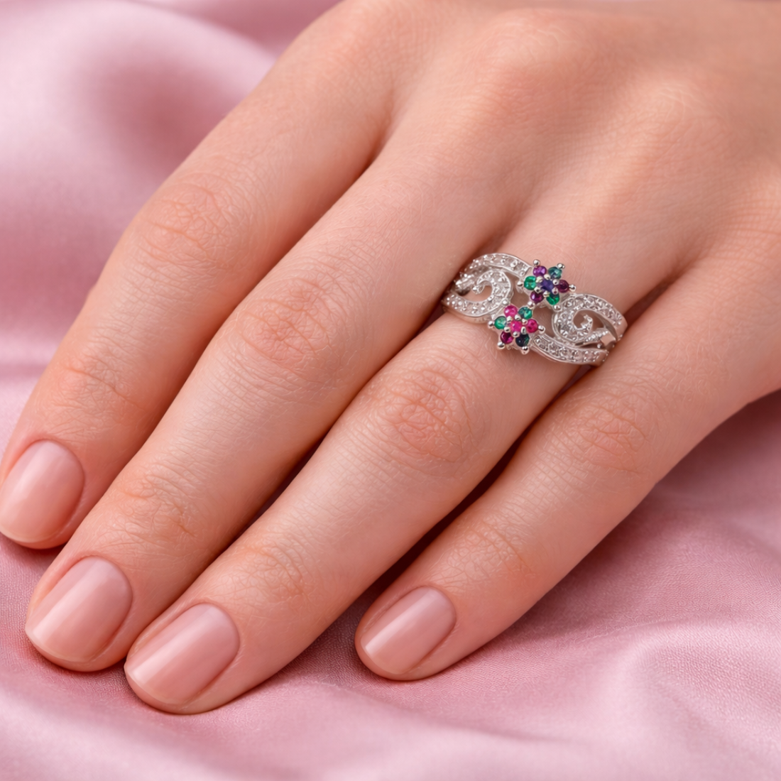 Floral Filigree Multi-Gemstone Silver Ring