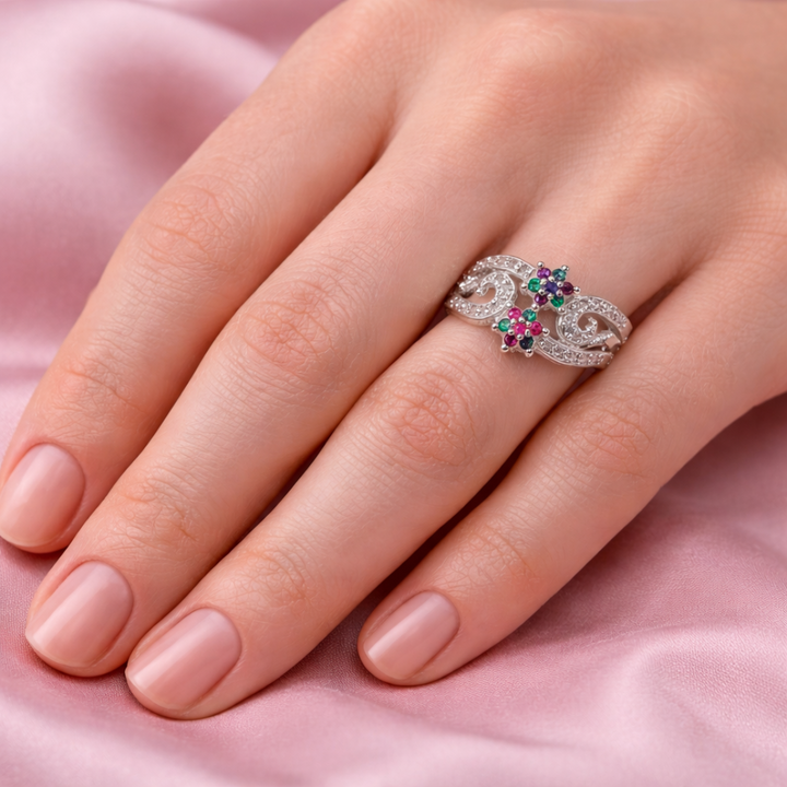 Floral Filigree Multi-Gemstone Silver Ring