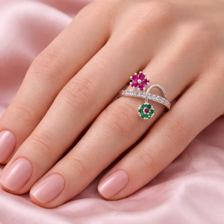 Floral Bypass Silver Ring with Ruby and Emerald Accents