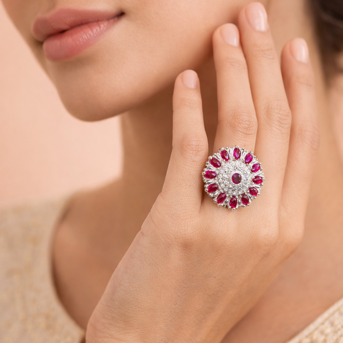 Elegant Silver Sunburst Statement Ring with Ruby-Pink