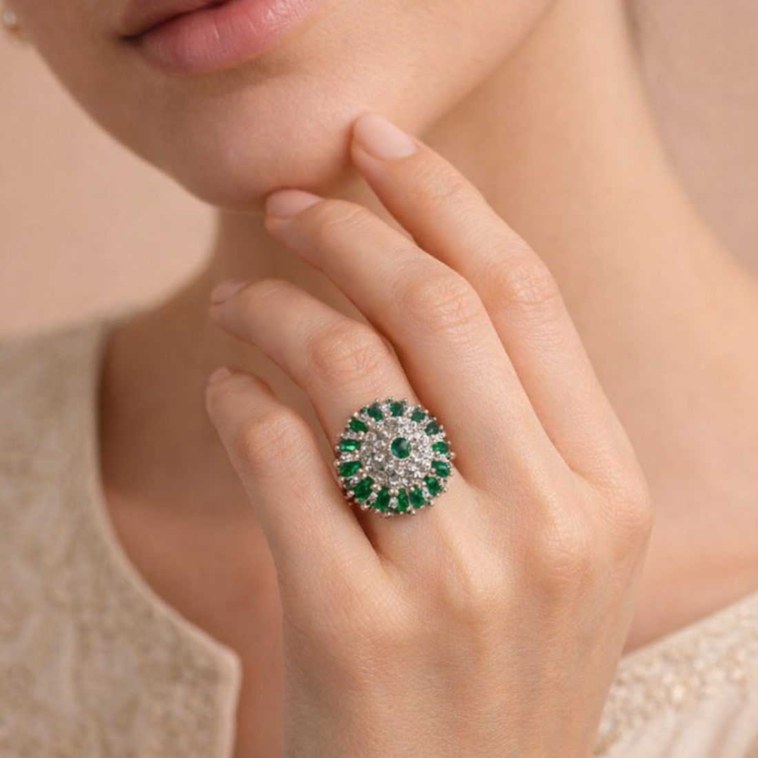 Elegant Sterling Silver Emerald Halo Statement Ring