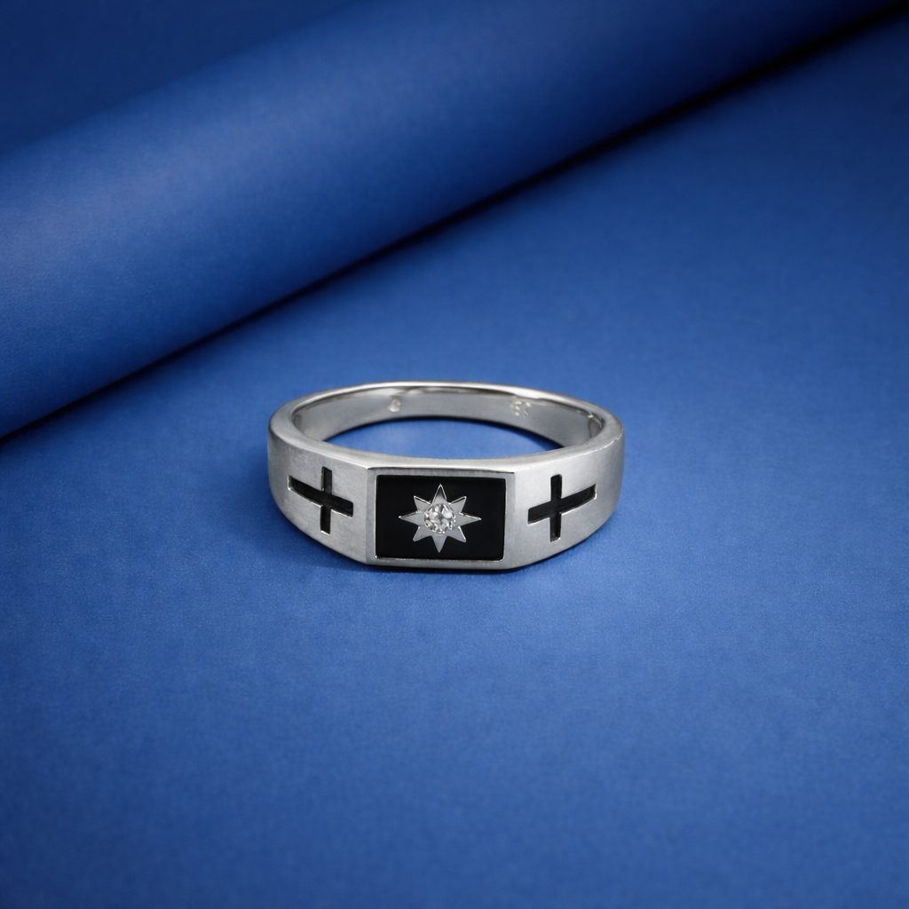 Celestial North Star & Cross Inset Signet Ring